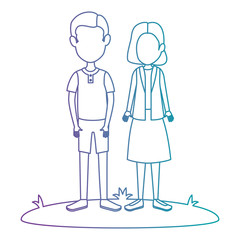 young couple in grass avatars characters vector illustration design