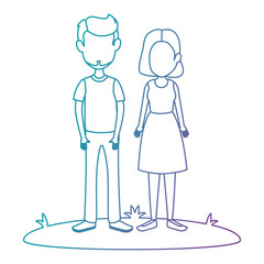 young couple in grass avatars characters vector illustration design
