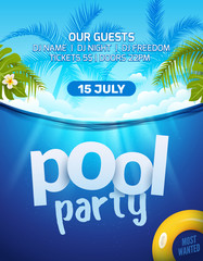 Pool summer party invitation banner flyer design. Water and palm inflatable yellow mattress. Pool party template poster