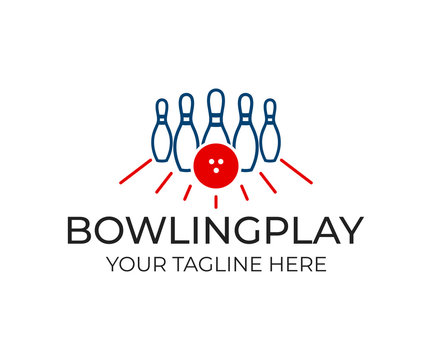 Bowling pin with ball and white pins for game, logo template. Playing bowling, game, leisure and sport, vector design. Entertaining bowling club, illustration