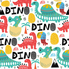 Pattern with dino,dinosaur with palms and eggs and newborn dino child. Kids drawing illustration, abstract background,textile,fabric or poster.