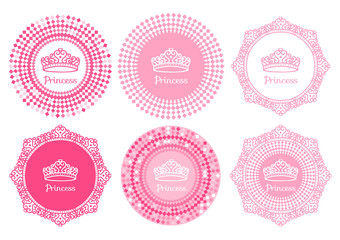 Vector Set princess sign with tiara on frame with curls pink hand drawn. - 214066354