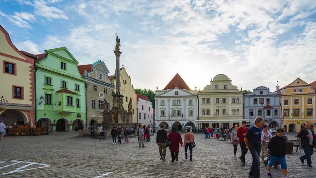 Timelapse video of people are travlling in Cesky Krumlov old town square in Czech Republic.