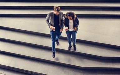 Obraz premium Business partners having take away coffee