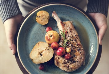 Pork chop served with apples food photography recipe idea