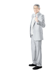 Nice businessman at the age, thumb up. Isolated in the white background.