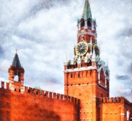 Obraz premium Kremlin, Spasskaya Tower, Red Square, Moscow, Russia. Watercolor Painting. Art illustration.