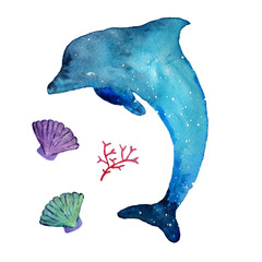 Watercolor dolphin and sea inhabitants,  isolated on a white background. Hand drawn illustration.