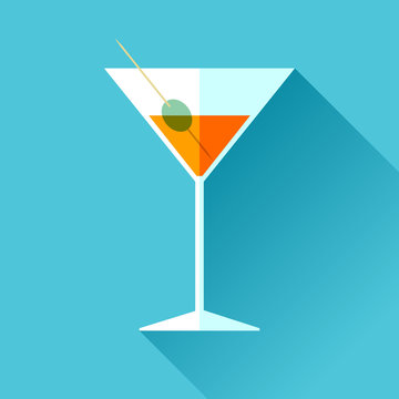 Glass for vermouth icon in flat style, wineglass on color background. Alcohol cocktail. Vector design elements for you business project 