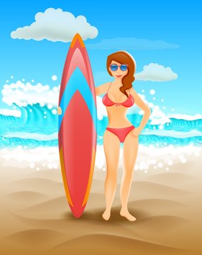 Cute girl holding a surfboard on a sunny beach. Seaside vacation and surfing. Vector illustration of the brown-haired woman wearing glasses. Sea waves and white clouds.