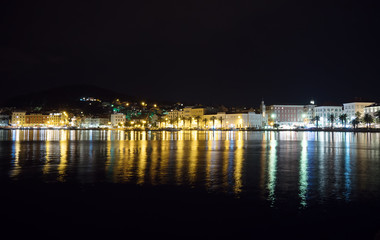 Beautiful view of the old town Split in Croatia at night.
