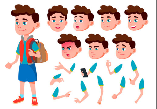 Boy, Child, Kid, Teen Vector. Friend. Clever Positive Person. Face Emotions, Various Gestures. Animation Creation Set. Isolated Flat Cartoon Character Illustration