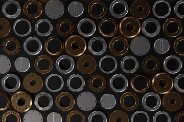 3d render technology background with different metal part laying on the reflective floor.