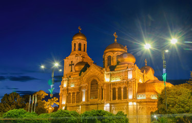 Uspenskiy cathedral at night in Varna