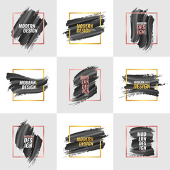 A set of elements for the design of advertising banners, covers, flyers, postcards with volumetric brush strokes with black paint and square frames. Rose gold and yellow gold. Text. Vector.