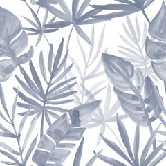 Hand drawn gouache styled illustration of beacn and tropical leaves. Summer mood modern tropical seamless patterns in grey color. - 214072347