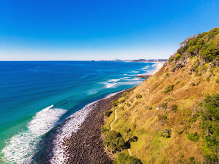 Aerial view of Burleigh Heads - a famous surfing beach suburb on the Gold Coast, Australia