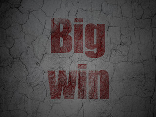 Business concept: Red Big Win on grunge textured concrete wall background