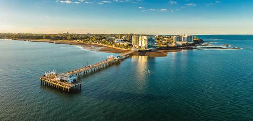 Woody Point Jetty is famous landmark on the Moreton Bay on Redcliffe peninsula, Brisbane