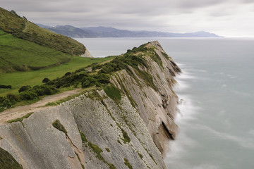 cliffs with flysch stratotypes on the beach of itzurun in Zumaia in the Basque Country, in the north of Spain.