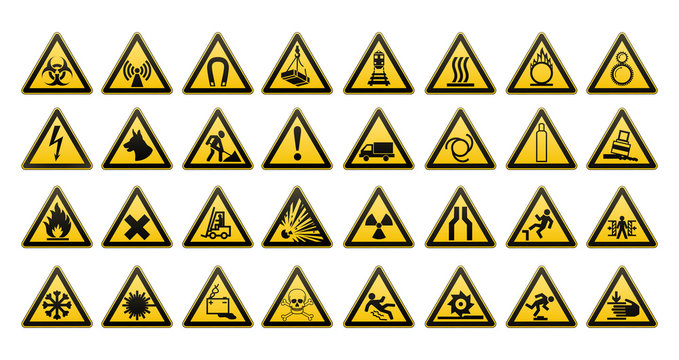 Warning signs large set. Safety in workplace. Yellow triangle with black image. Vector illustration.