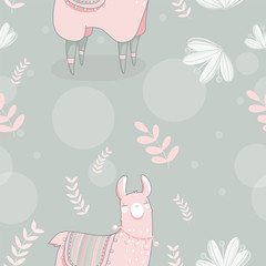 Seamless pattern with Lama in cartoon style. Hand drawn vector illustration. Elements for greeting card, poster, banners. T-shirt, notebook and sticker design.