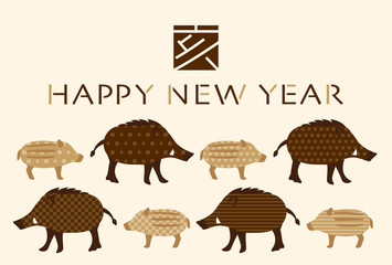 2019年亥年　イノシシの年賀状テンプレート	