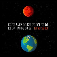 Mars planet colonization illustration. Earth and Mars in detailed cartoon style