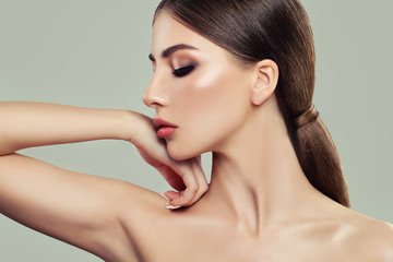 Closeup Portrait of Young Woman. Healthy Skin, Female Profile, Hand and Armpit