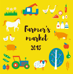 Farmer's market background with animals, food, tractors, retro style. Vector graphic illustration