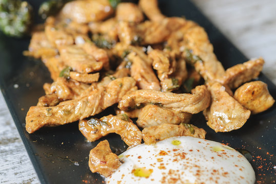 raxo dish, Galician-style meat, classic Spanish tapas dish.selective focus.