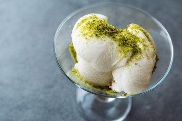 Turkish Maras Vanilla Ice Cream with Pistachio Powder Served Portion in Glass Cup