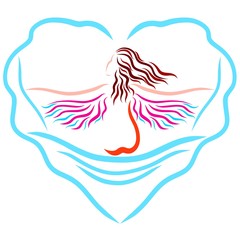 A swing in a cloud in the shape of a heart, beautiful winged lady