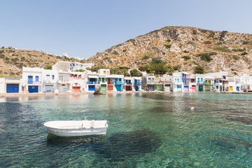 Fototapeta na wymiar Boats Moored in the Village Harbour of Klima, Milos island, Greece