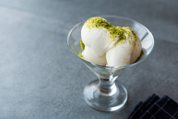 Turkish Maras Vanilla Ice Cream with Pistachio Powder Served Portion in Glass Cup