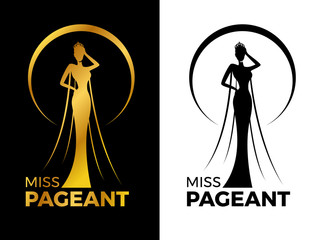 Miss lady pageant logo sign with Gold and black woman wear Crown in circle ring vector design