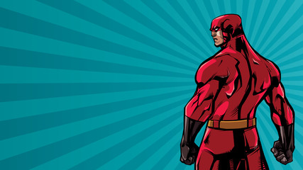 Comics style illustration of powerful superhero standing on ray light background. © Malchev