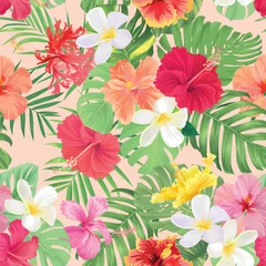 Fotobehang Seamless pattern of hibiscus flowers and tropical leaves background. Vector set of exotic tropical garden for holiday invitations, greeting card and fashion design. © mamsizz