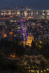 Bahai shrine in Haifa city at night