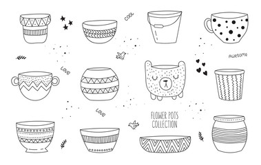 Vector line drawing set of pots. Hand drawn doodle illustration