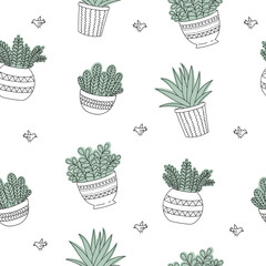 Vector seamless pattern with line drawing house plant in flowerpot
