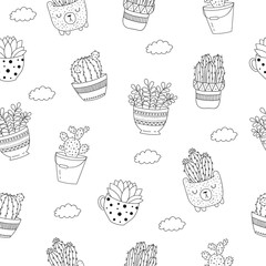 Vector seamless pattern with line drawing house plant in flowerpot