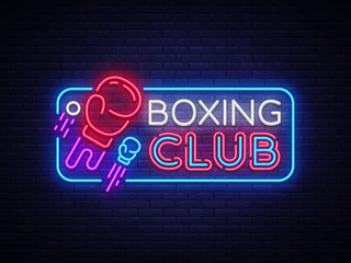 Boxing Club neon sign vector. Boxing Night Design template neon sign, Fight light banner, neon signboard, modern trend design, nightly bright advertising, light inscription. Vector illustration