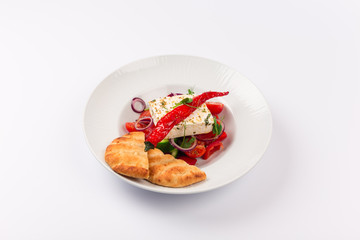 Top and Front View Isolated - Greek salad with onion, pepper, tomatoes, cucumber, donut, bread, feta cheese