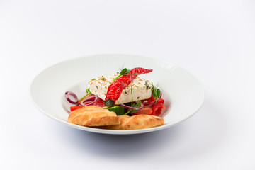 Top and Front View Isolated - Greek salad with onion, pepper, tomatoes, cucumber, donut, bread, feta cheese