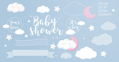 Cute design elements for baby shower invotation and party. - obrazy, fototapety, plakaty