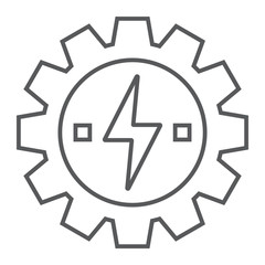 Gear with lightning thin line icon, ecology and energy, energy development sign, vector graphics, a linear pattern on a white background, eps 10.