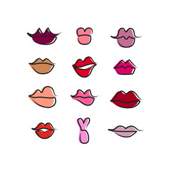 Vector set of one line lips isolated on white. Part of the human body. Set of lipstick colors. Lips shape. Facial expressions.