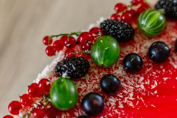 Delicious healthy vegetarian food, do not bake a strawberry cheesecake, decorated with fresh red berries and green mint leaves. Copy space