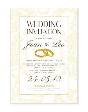 Wedding invitation design template (Save the date card). Classic Golden background with gold wedding rings useful for any Invitations,  marriage, anniversary, engagement part
